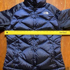 North Face 550 Fill Goose Down Puffer Jacket Womens XSmal Navy Blue Zip Pockets